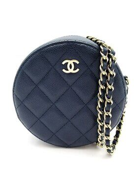 Chanel Round Chain Shoulder Bag Caviar Leather Navy